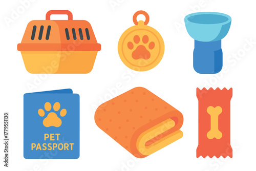 Pet travel essentials for a smooth journey with your furry friend. Set of 6 vector illustration