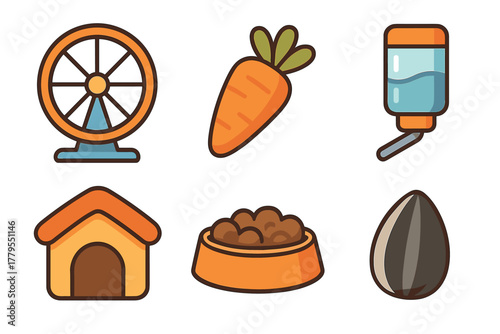 Cute pet supplies and food for small animals with toys and treats. Set of 6 vector illustration