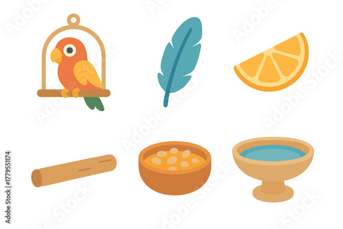 Colorful parrot, feather, orange slice, cinnamon stick, and bowls. Set of 6 vector illustration