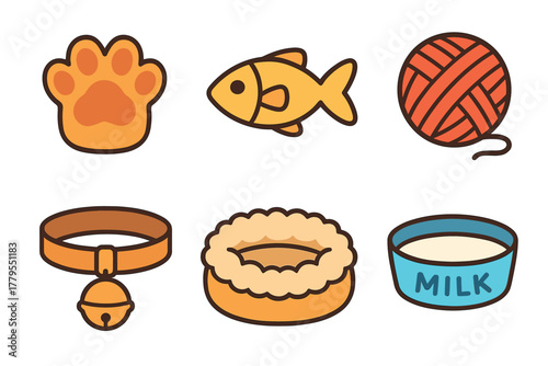 Cute pet supplies and accessories for playful animals. Set of 6 vector illustration
