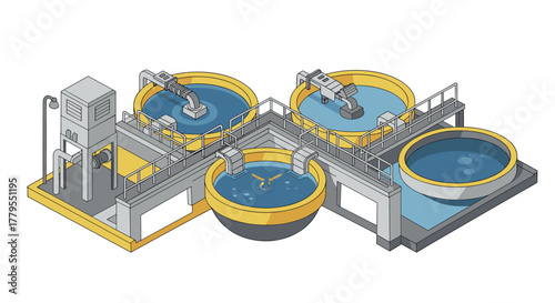 Isometric industrial water treatment plant with filtration pools and machinery
