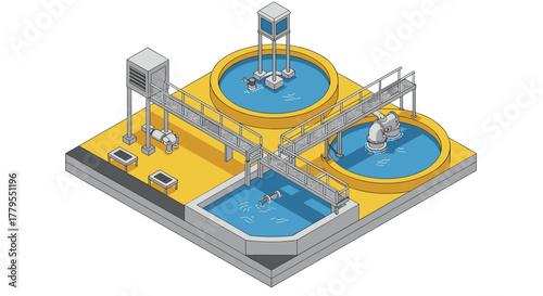 Isometric water treatment plant with circular tanks and industrial pipelines
