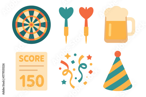 Fun dartboard game celebration with beer and festive elements. Set of 6 vector illustration