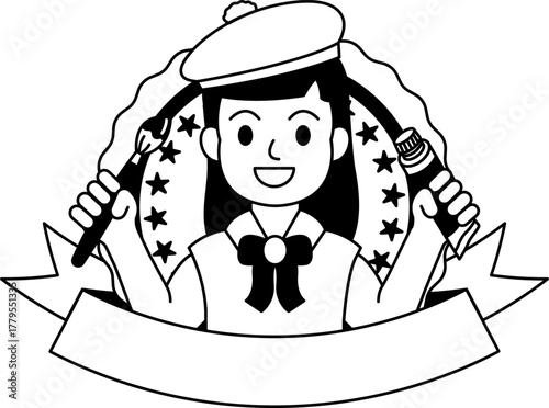 black and white logotype of A girl is holding a paintbrush