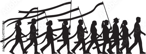 Silhouette of diverse people marching with red ribbons for world aids day awareness