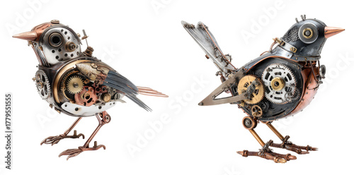 Mechanical bird sculpture, intricately designed with gears and metallic details, showcasing creative craftsmanship and innovation. steampunk bird, Isolated on white background or PNG