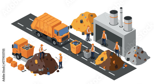 Isometric construction scene with workers and machinery in urban setting