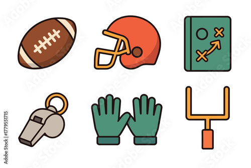Football equipment for game play and coaching strategies. Set of 6 vector illustration