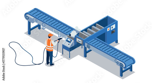 Industrial conveyor system maintenance with worker in safety gear cleaning equipment