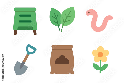 Gardening tools and plants for home garden design. Set of 6 vector illustration