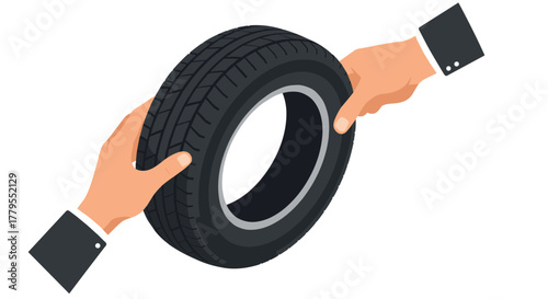 Businessman hands holding car tire concept of vehicle maintenance and safety