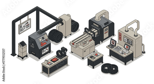 Industrial production line in isometric factory setting