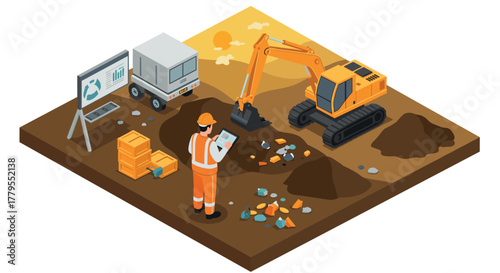 Construction site with excavator in isometric style for recycling project