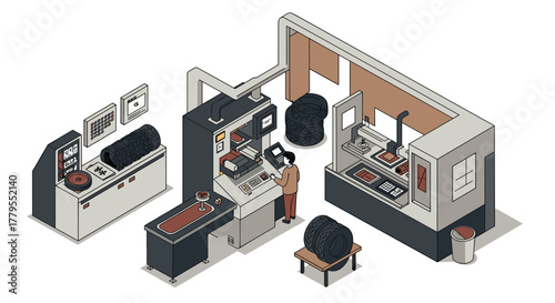 Isometric factory setup with machines and operator in modern industrial environment