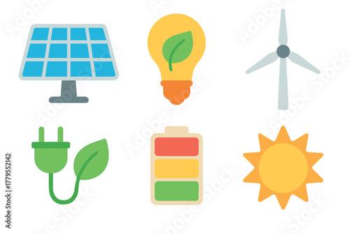 Renewable energy icons for sustainable design and clean technology. Set of 6 vector illustration