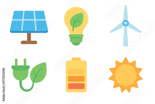 Renewable energy sources in environmental design. Set of 6 vector illustration