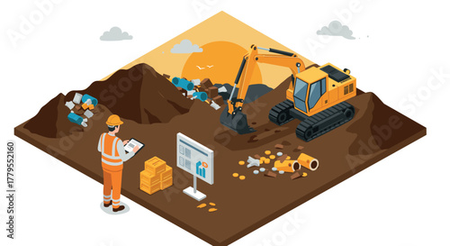 Construction site with excavator and worker analyzing data in isometric style