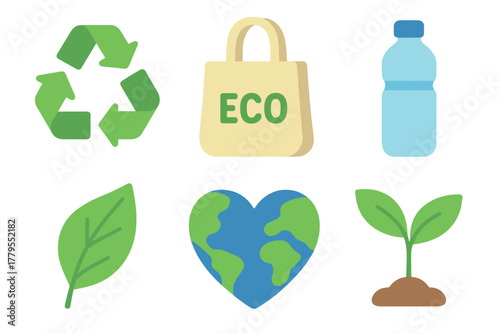 Various symbols highlight the importance of environmental conservation. Set of 6 vector illustration