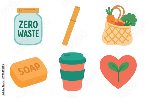 Eco friendly lifestyle essentials for zero waste living. Set of 6 vector illustration