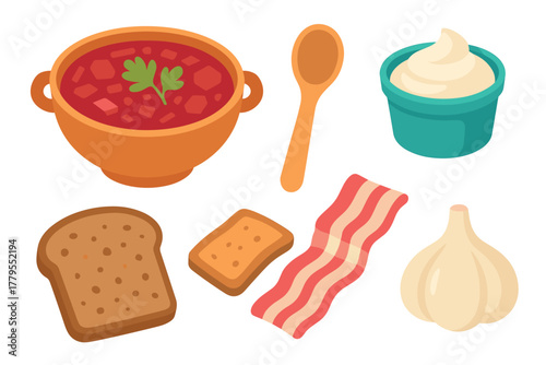 Cozy soup ingredients for a hearty meal preparation. Set of 6 vector illustration
