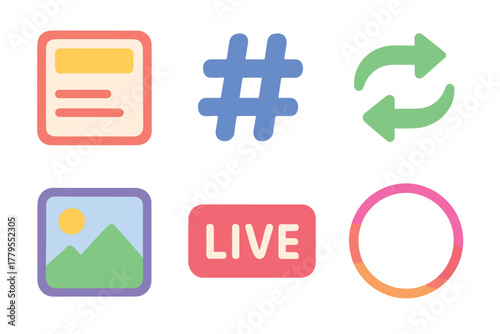 Social media elements for engagement and interaction design. Set of 6 vector illustration