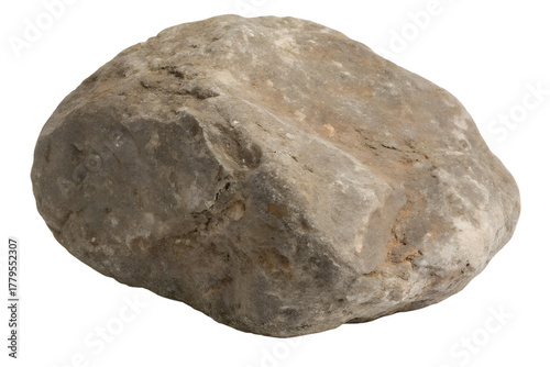 A rugged, weathered stone sits isolated on a stark white background, showcasing its natural texture and earthy tones in a professional, studio-lit photograph