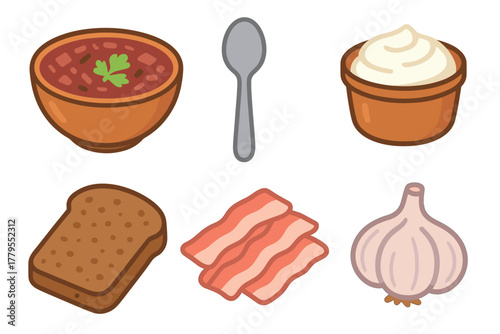 Delicious ingredients for a hearty meal with soup and bread. Set of 6 vector illustration