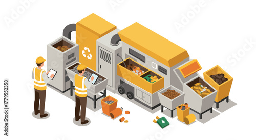 Isometric recycling facility with workers managing waste sorting process