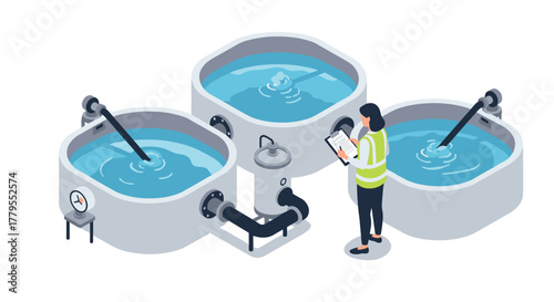 Isometric water treatment plant with worker inspecting tanks