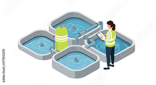 Isometric water treatment plant with technician monitoring process