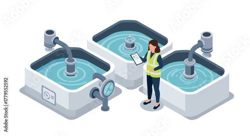 Water treatment plant isometric design with worker checking industrial tanks