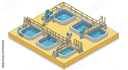 Isometric industrial water treatment facility with multiple basins and equipment