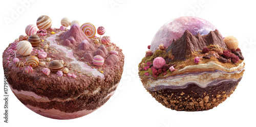 Colorful dessert treat Planet, round cake topped with pink icing and decorative sprinkles on the earth, fantasy whimsicle, perfect for celebrations and cravings. Isolated on white background or PNG