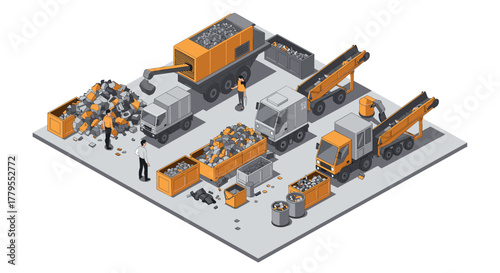 Isometric recycling facility with trucks and workers in action