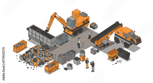 Industrial recycling scene with machinery and workers in isometric style