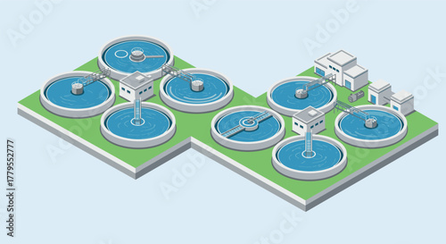 Isometric water treatment plant with circular tanks on a green base