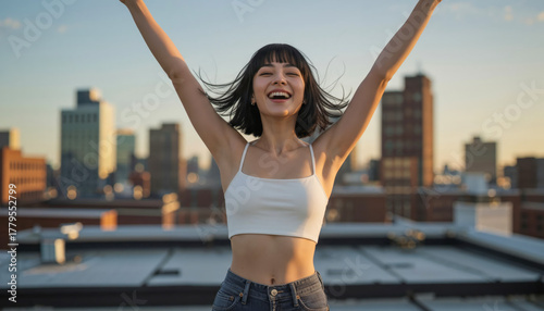  AI-generated image of a young model with short black bob, white crop-top and high-waist jeans, standing on a downtown rooftop