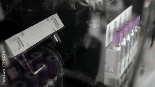Close up video of blood sample tubes rotating and mixing inside automated analyzer during blood group test in modern medical laboratory environment.