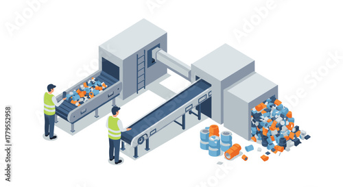 Isometric recycling conveyor system with workers in safety vests
