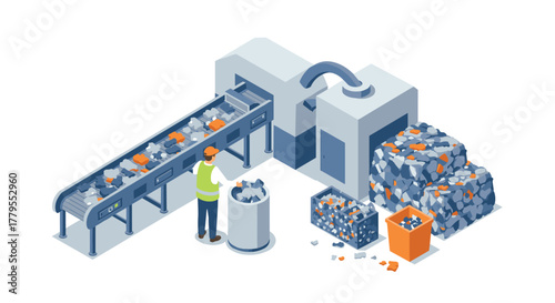 Recycling plant automation scene with worker and conveyor machinery in isometric style