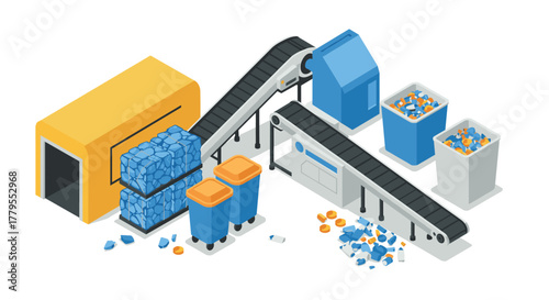 Isometric recycling plant with conveyor belts and waste bins for sustainable production