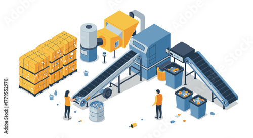Isometric recycling factory with workers and conveyor systems for waste management