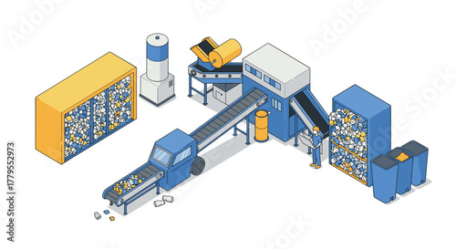 Isometric recycling plant with automated conveyor and compacting machinery