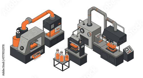 Isometric factory machines and bottles in an industrial production line