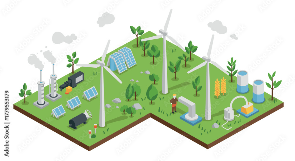 Naklejka premium Sustainable energy landscape with wind turbines and solar panels in isometric design