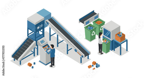 Recycling plant isometric graphic depicting waste sorting and management process