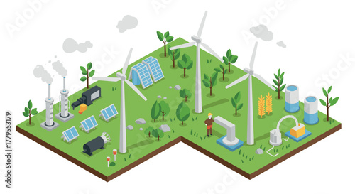 Sustainable energy landscape with wind turbines and solar panels in isometric design
