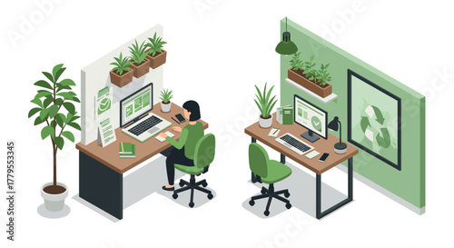 Modern workplace design with green elements and home office setup