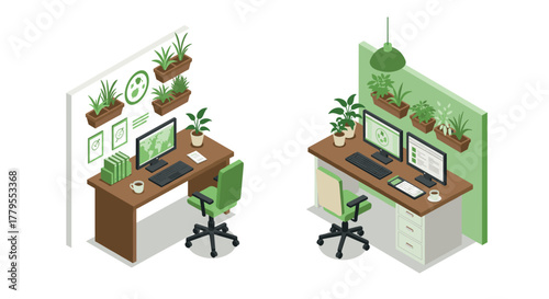 Ecofriendly workspace design with plants and green accents in isometric style