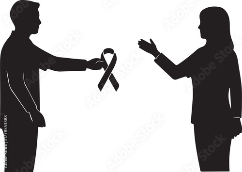 World aids day silhouette of man offering red ribbon to woman symbolizing support